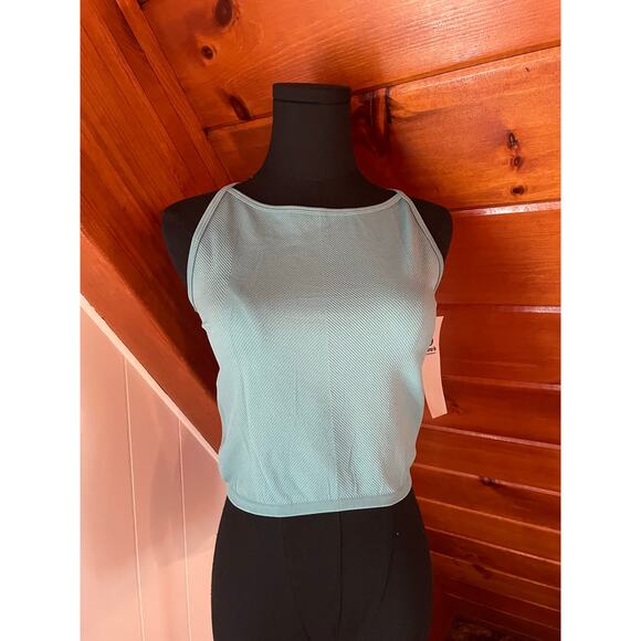 Mono B Ribbed Seamless Crop Cami Tank Top Strappy Back Grey Teal NWT sz L - Picture 1 of 6